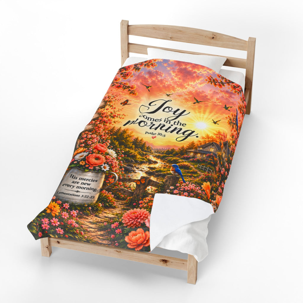 Joy Comes in the Morning Velveteen Plush Blanket | Psalm 30:5 Floral Cottage Scene