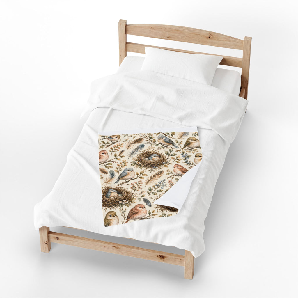 Little Nest Vintage Songbirds Nest Pattern Velveteen Plush Blanket | Woodland Bird Illustration