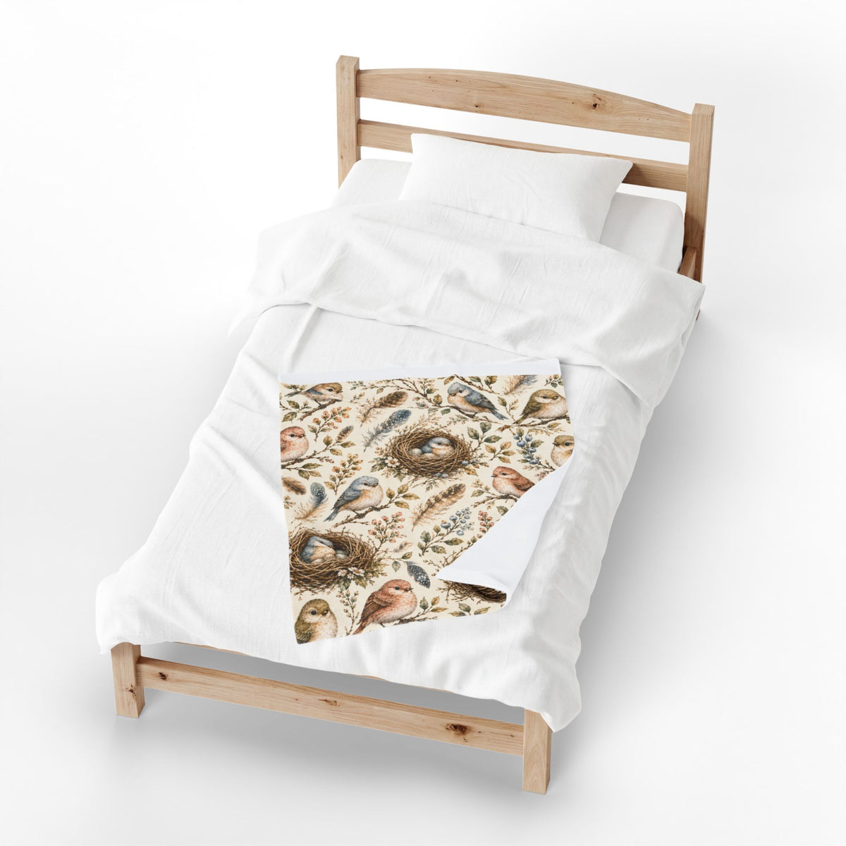 Little Nest Vintage Songbirds Nest Pattern Velveteen Plush Blanket | Woodland Bird Illustration