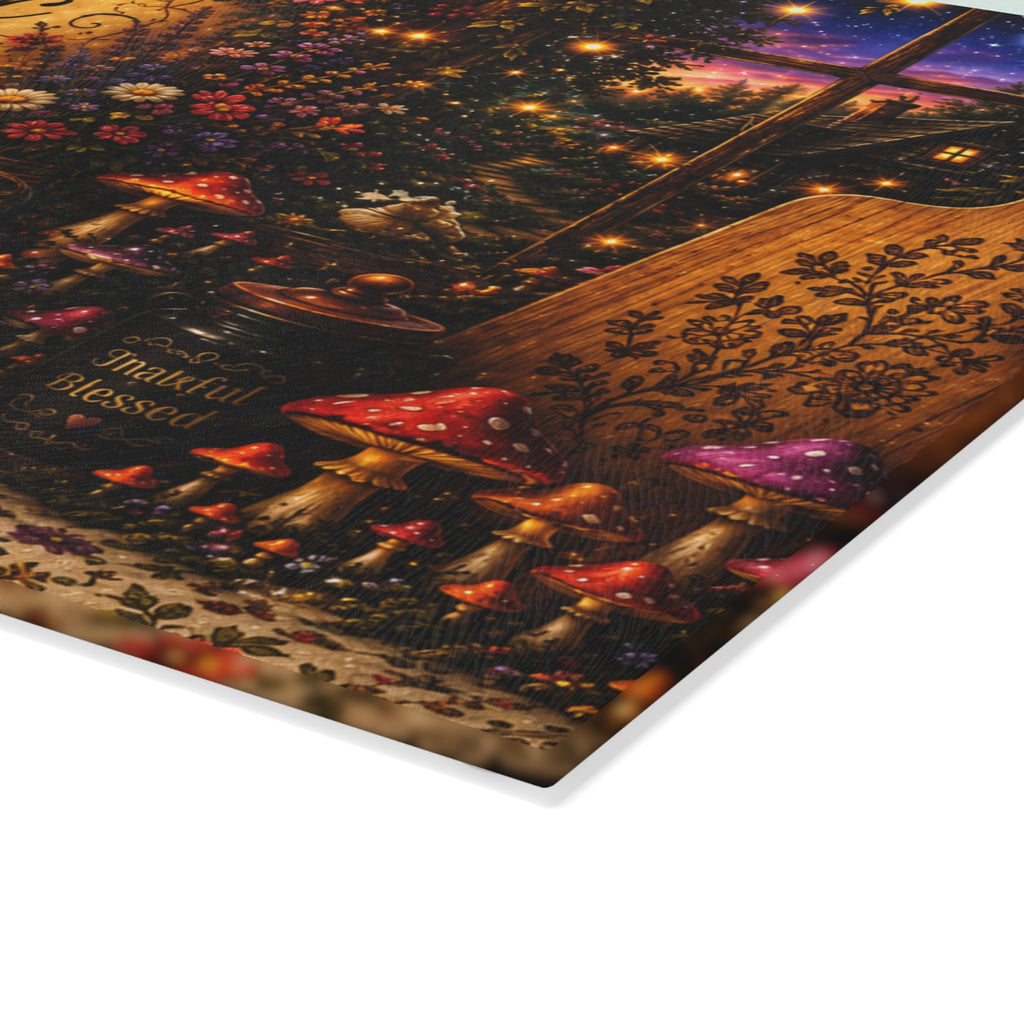 Theres a Little Magic in This Kitchen Glass Cutting Board | Fairy Mushroom Night Scene