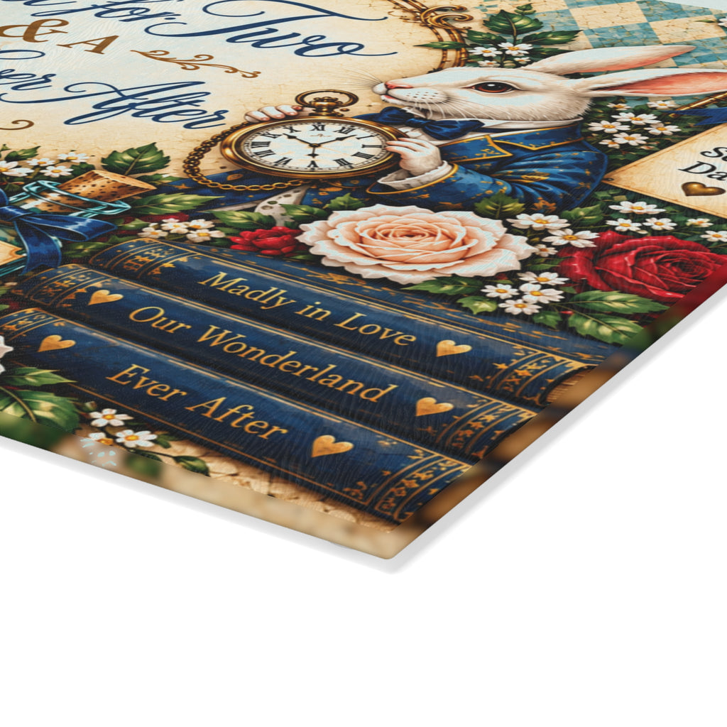 Tea for Two Alice in Wonderland Glass Cutting Board | White Rabbit, Teacups, Vintage Floral