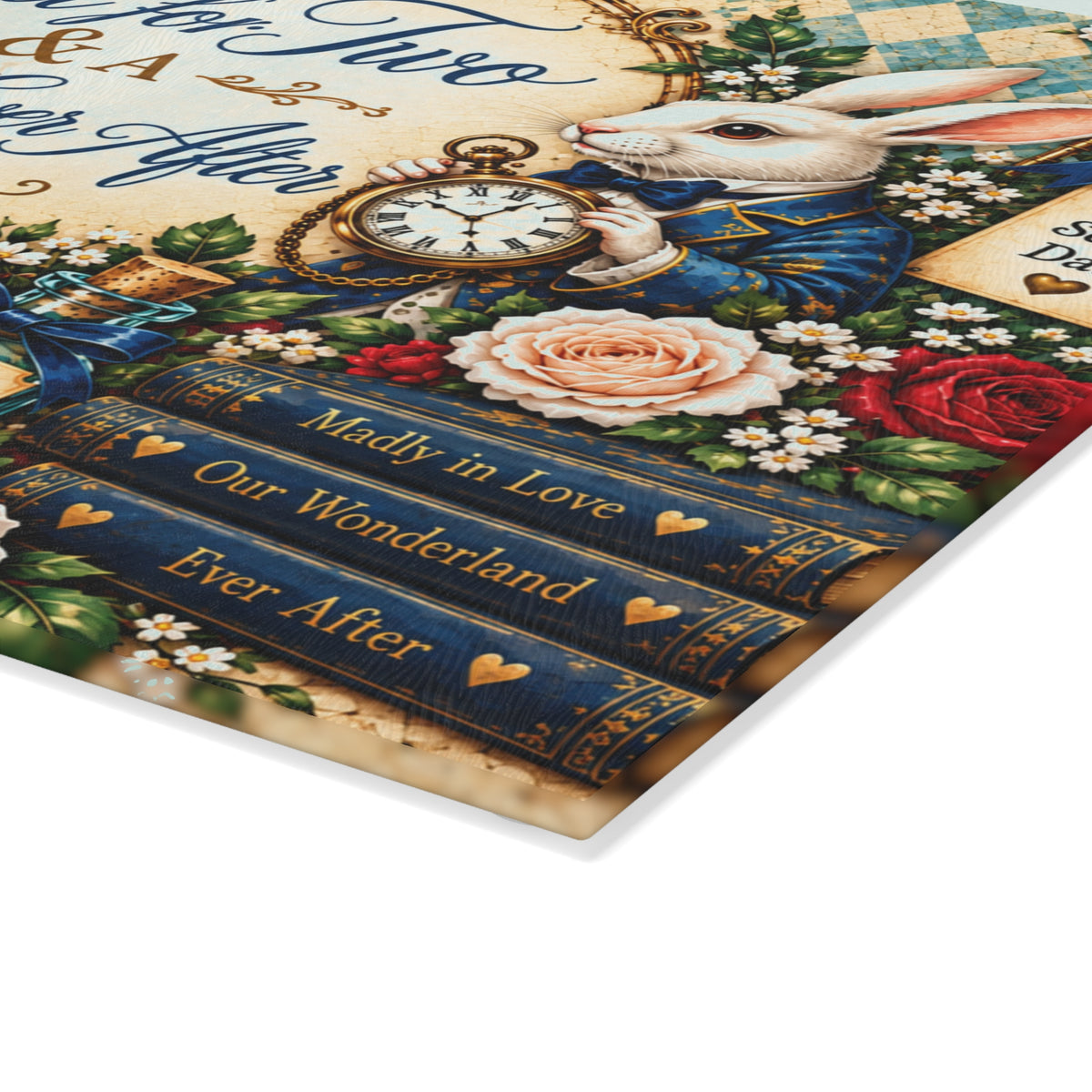 Tea for Two Alice in Wonderland Glass Cutting Board | White Rabbit, Teacups, Vintage Floral
