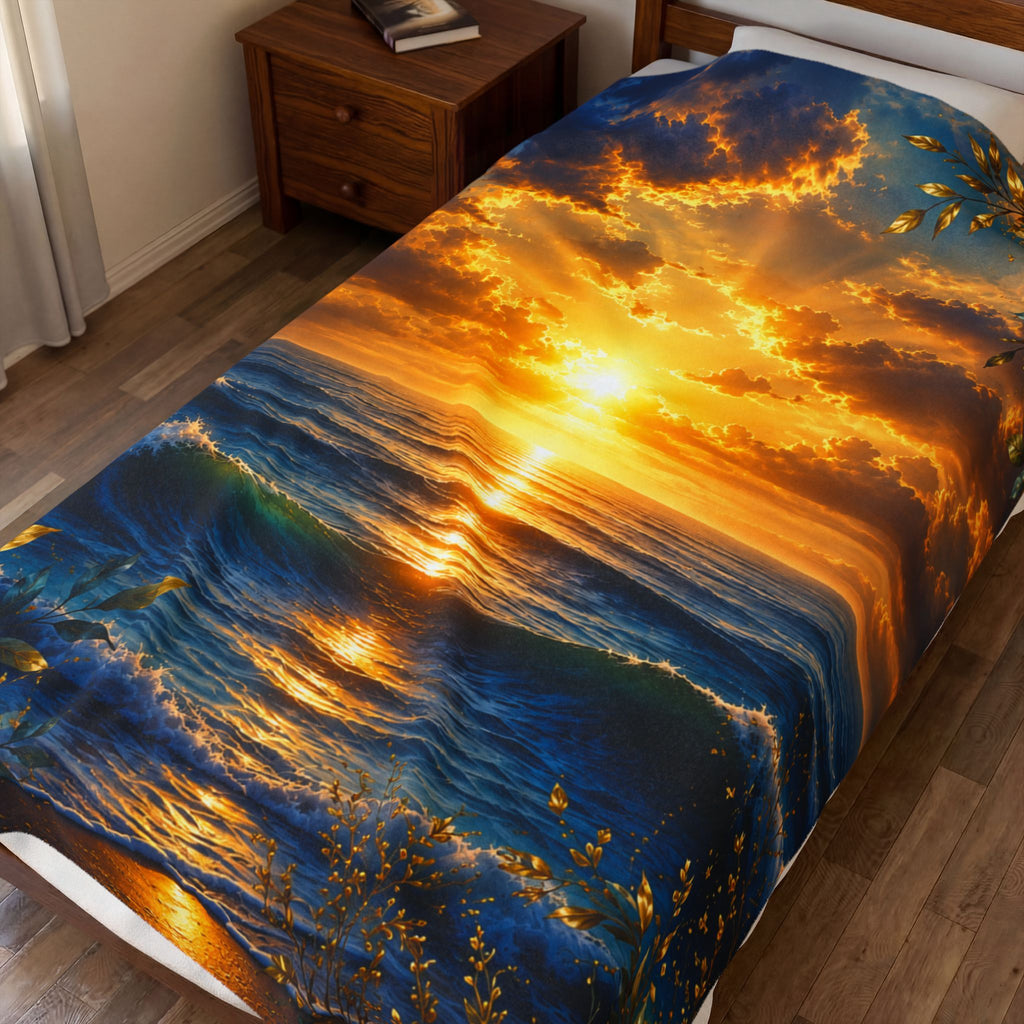 Sunset Ocean Sunrise Blanket | Seascape Waves, Golden Sky