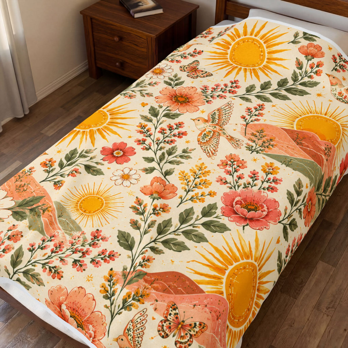 Sunshine Floral Meadow Velveteen Blanket | Retro Sunflowers & Butterflies