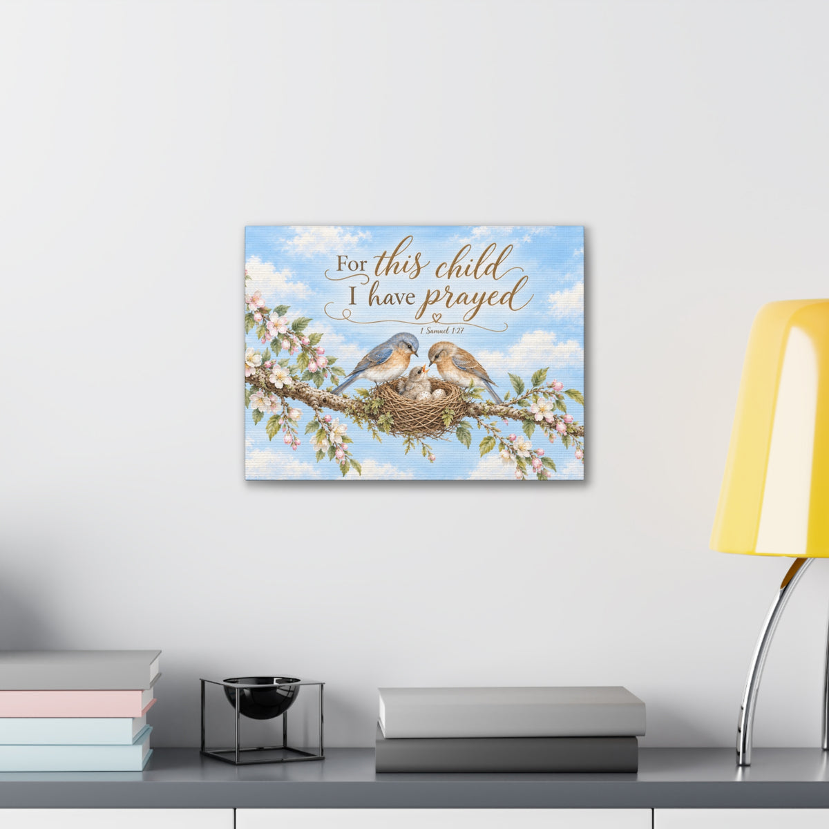Little Nest For This Child I Have Prayed Canvas Stretched Wall Art | Bluebird Nursery Decor