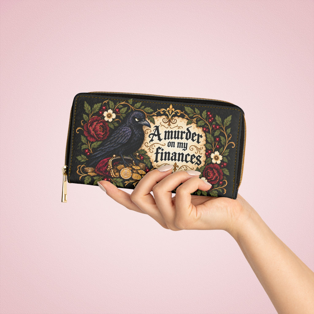 A Murder on My Finances Zipper Wallet | Raven, Coins, Floral Gothic Design
