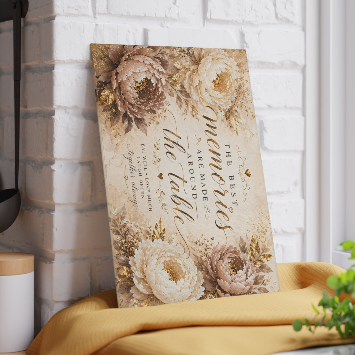 Memories Are Made Around The Table Glass Cutting Board | Floral Kitchen Decor