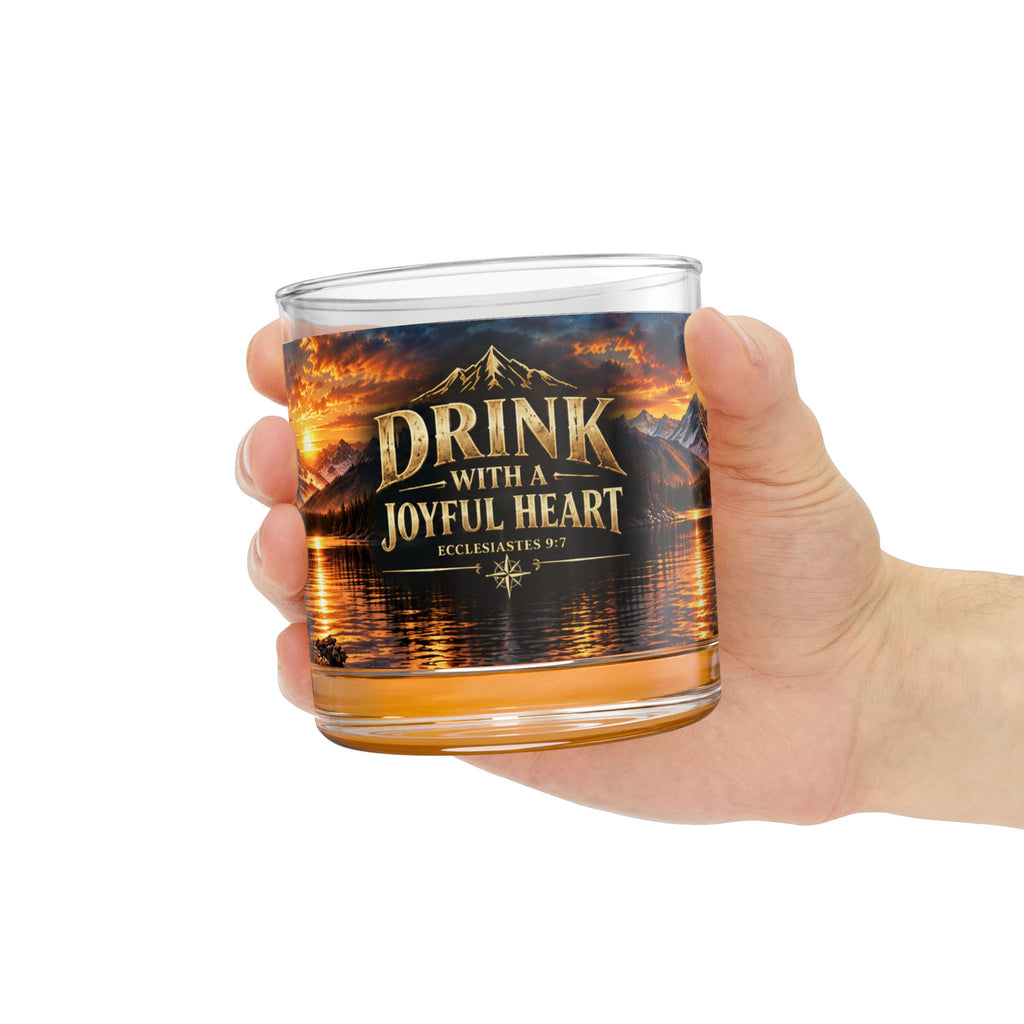 Drink With A Joyful Heart rocks glass | 10oz whiskey tumbler, mountain sunset lake design
