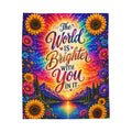 The World Is Brighter With You In It Velveteen Plush Blanket | Rainbow Sunflower Inspirational Throw