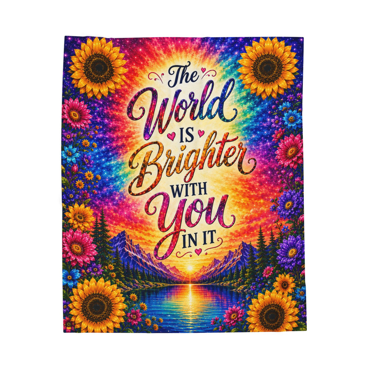 The World Is Brighter With You In It Velveteen Plush Blanket | Rainbow Sunflower Inspirational Throw