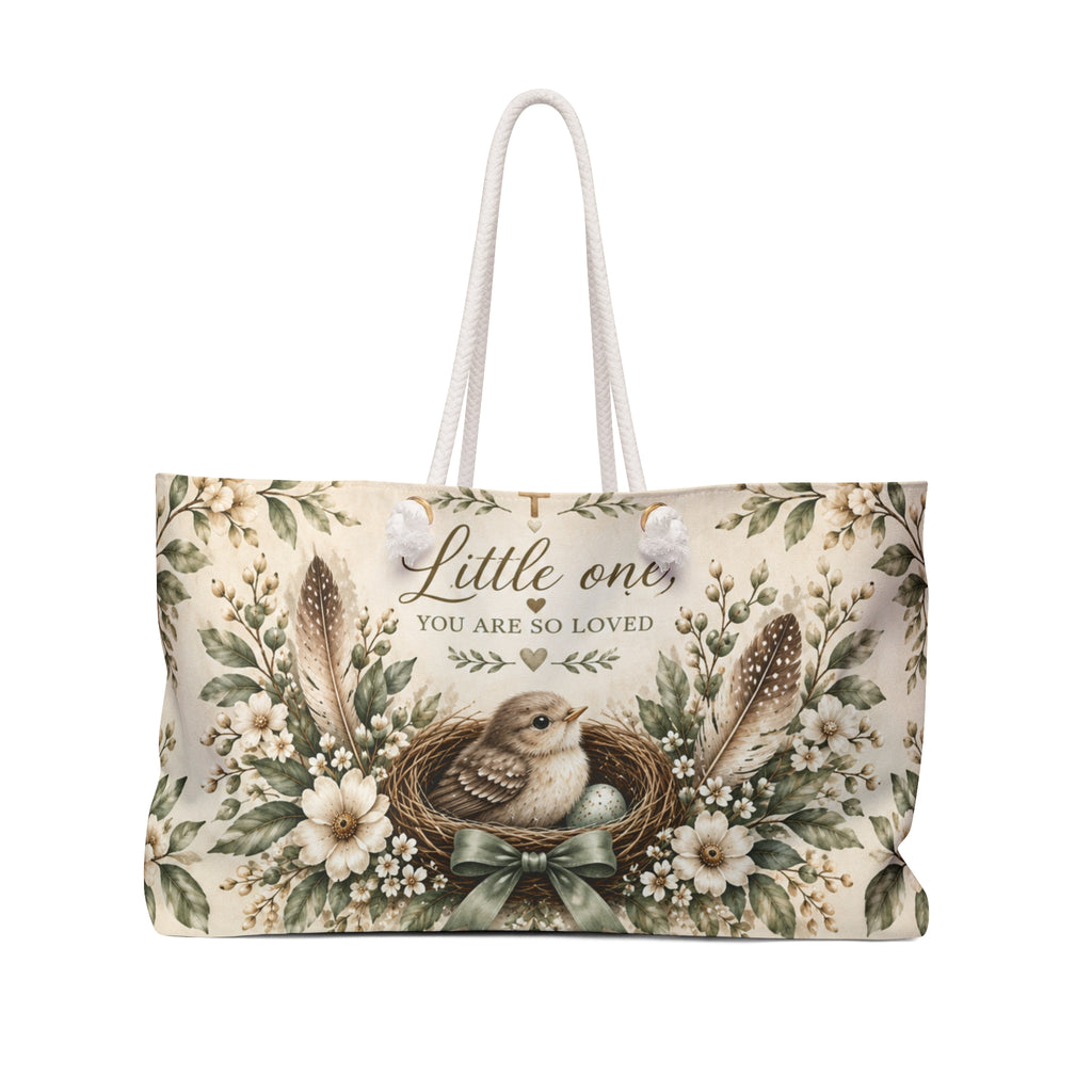 Little Nest Little One You Are So Loved bird nest Weekender Bag | floral neutral nursery