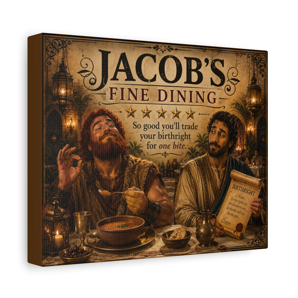 Jacob's Fine Dining Canvas, Stretched Wall Art | Biblical Humor