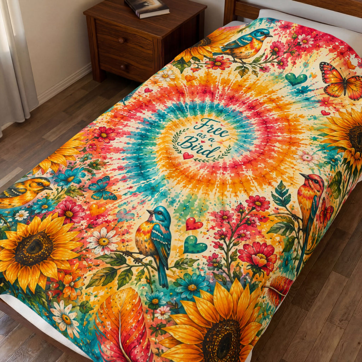 Tie-Dye Sunflower Free Bird Velveteen Blanket | Boho Birds & Butterflies