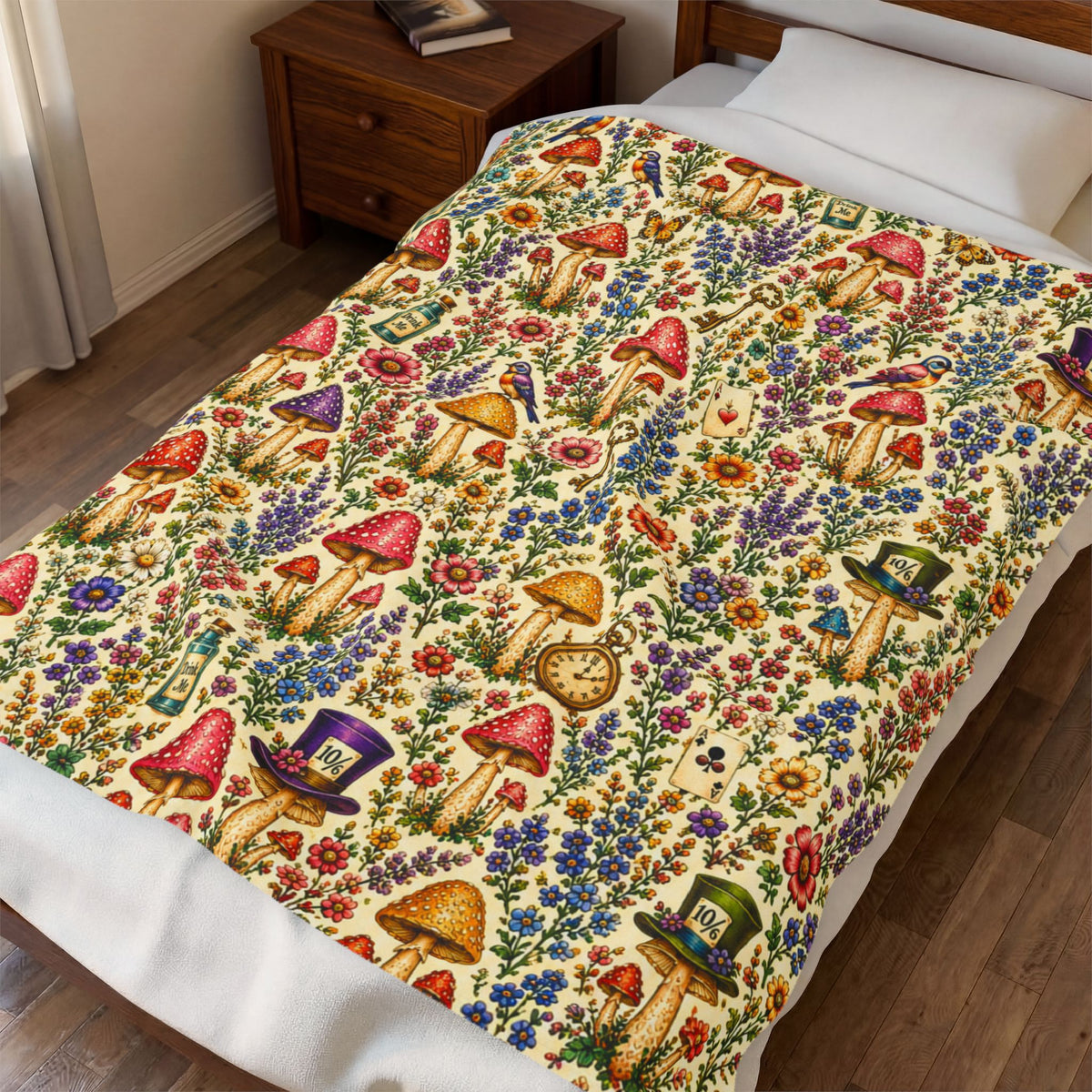 Whimsical Alice Mushroom Garden Velveteen Plush Blanket | Floral Fungi Pattern