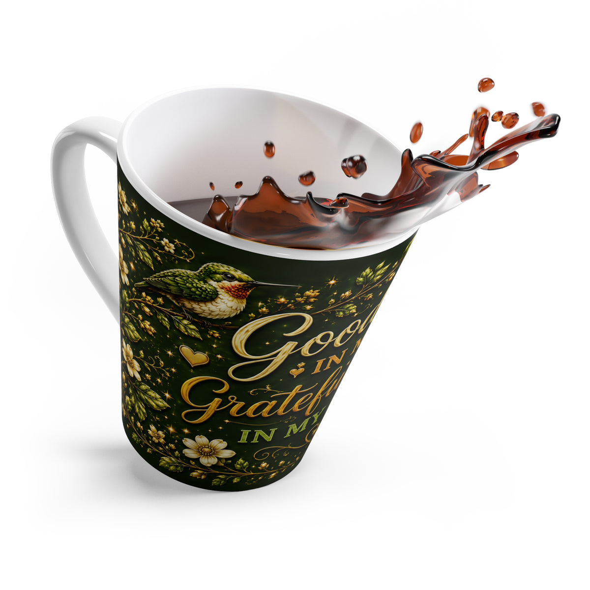 Grateful Heart Script with Bird Latte Mug | Floral Vines, Inspirational Quote