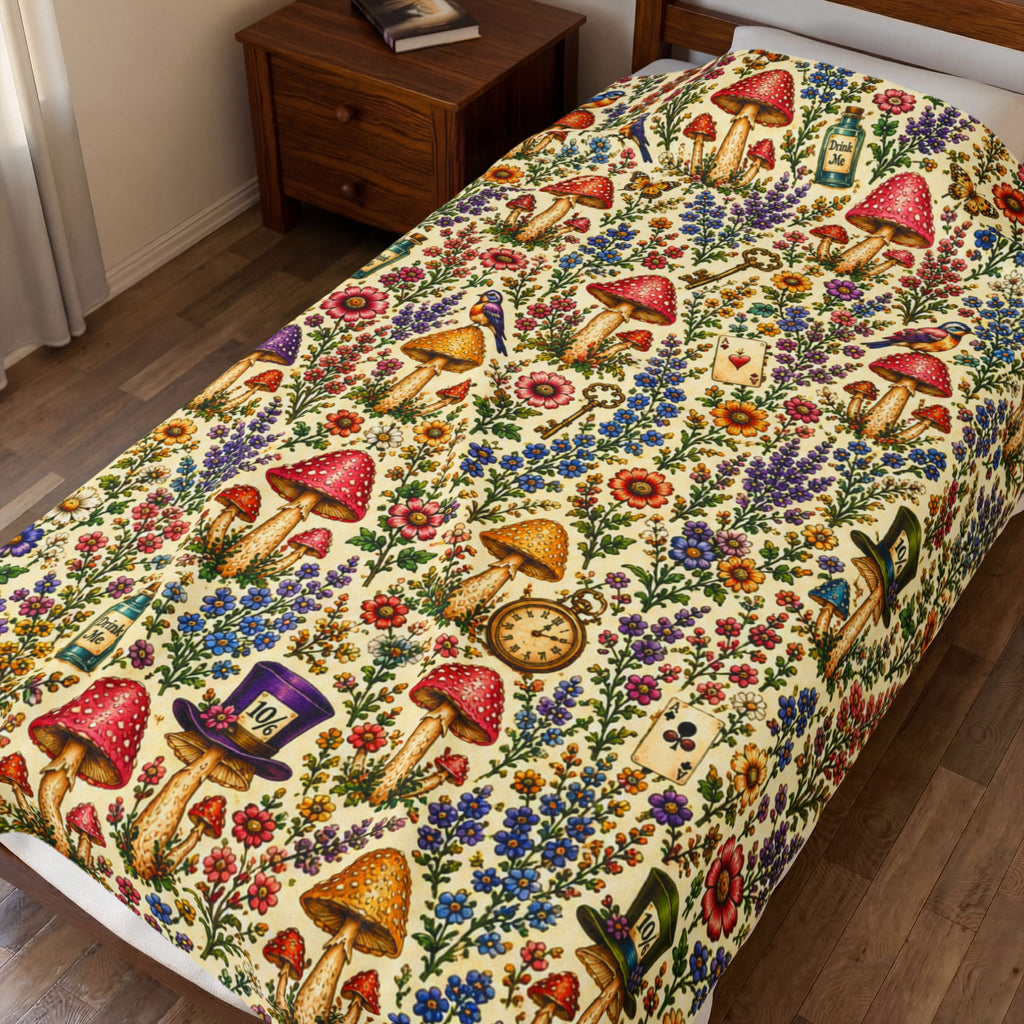 Whimsical Alice Mushroom Garden Velveteen Plush Blanket | Floral Fungi Pattern
