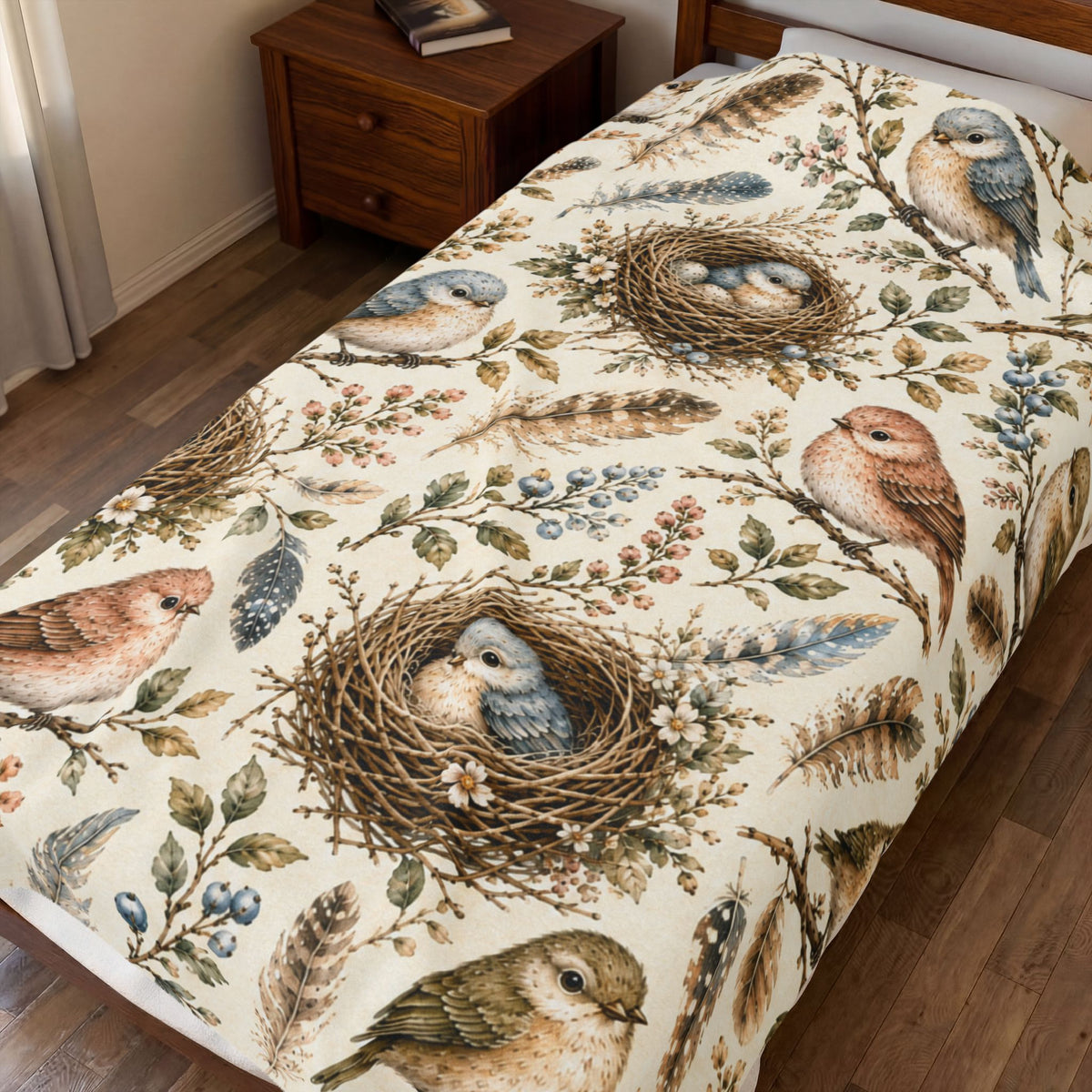 Little Nest Vintage Songbirds Nest Pattern Velveteen Plush Blanket | Woodland Bird Illustration