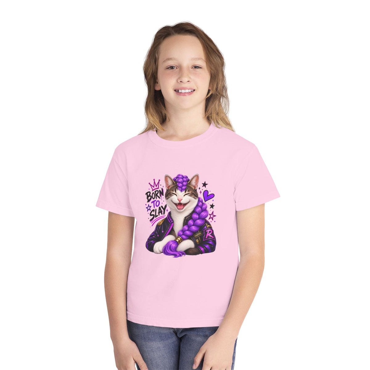 Emorys Born to Slay Cat Youth Tee | Cute Kitten with Purple Braid, Stars & Hearts