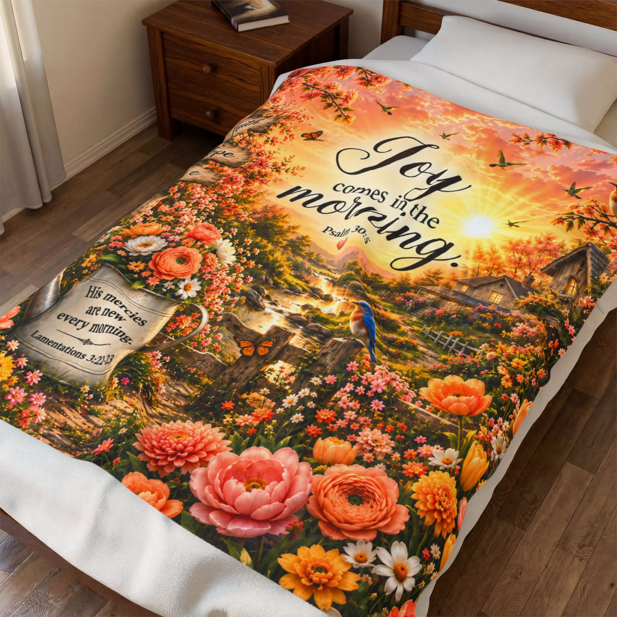 Joy Comes in the Morning Velveteen Plush Blanket | Psalm 30:5 Floral Cottage Scene
