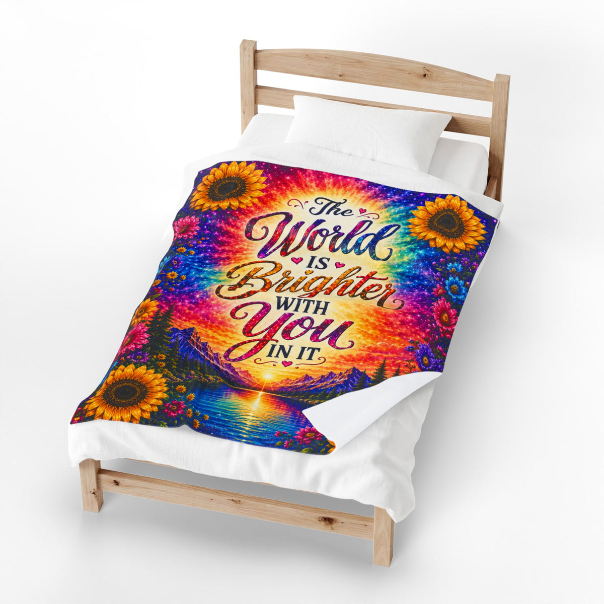 The World Is Brighter With You In It Velveteen Plush Blanket | Rainbow Sunflower Inspirational Throw