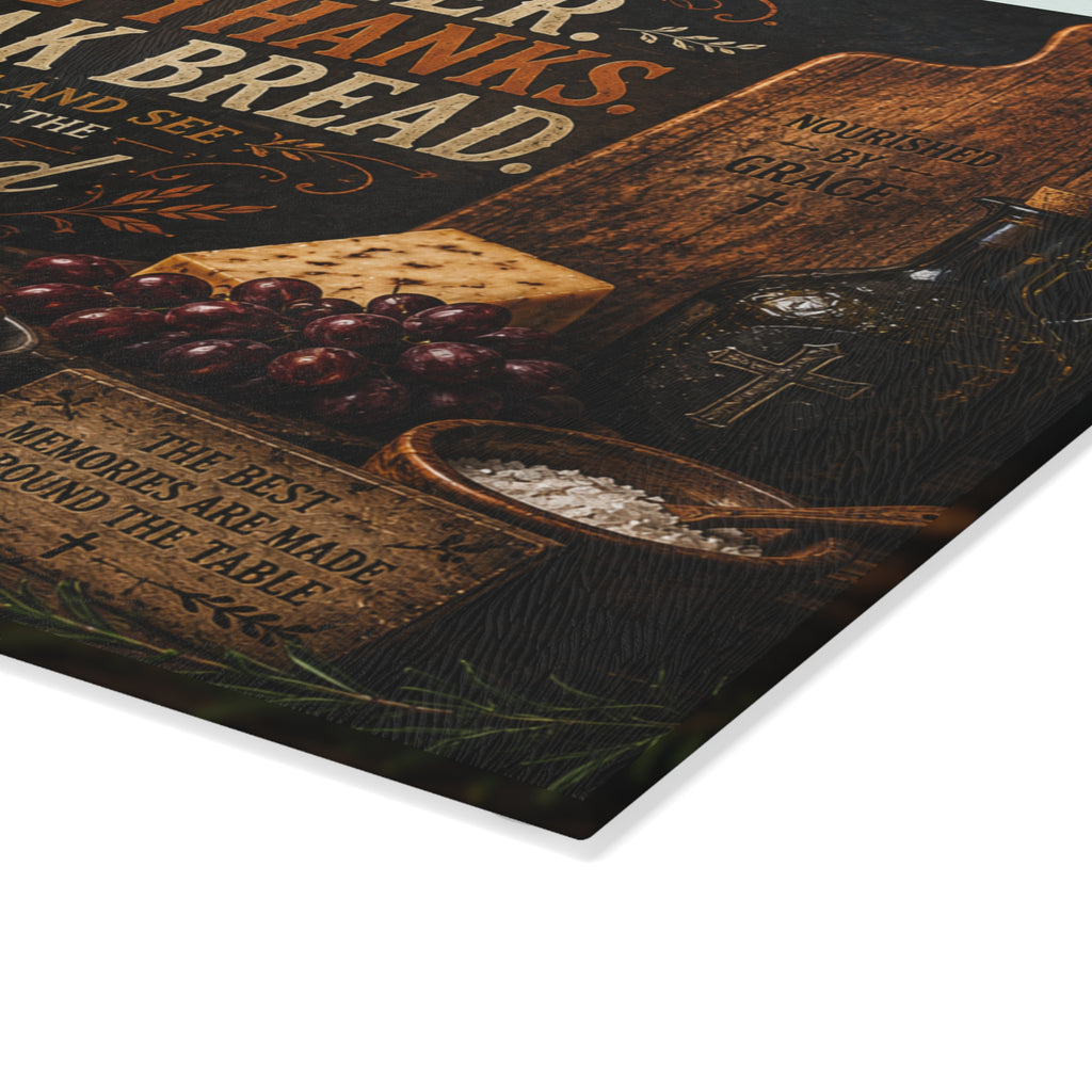 Gather Give Thanks Break Bread Glass Cutting Board | Rustic Farmhouse Kitchen Decor