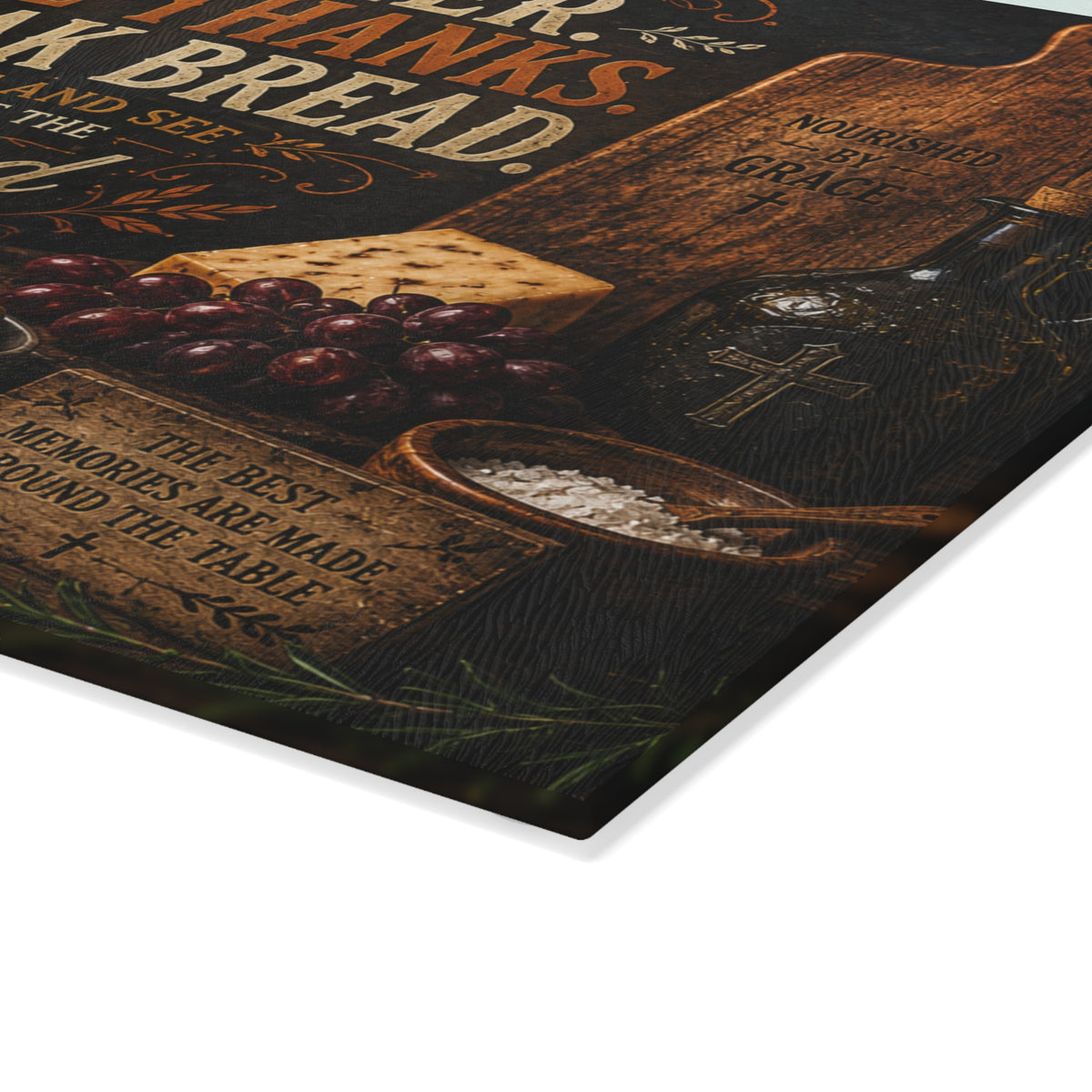 Gather Give Thanks Break Bread Glass Cutting Board | Rustic Farmhouse Kitchen Decor