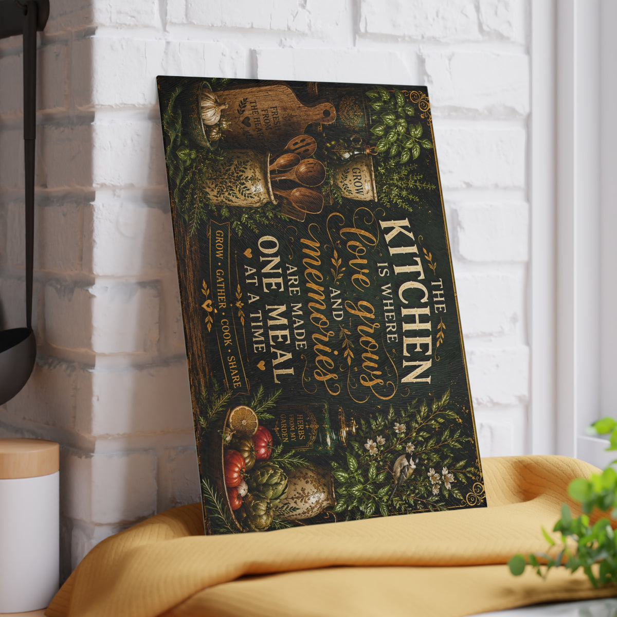 Kitchen Love Grows Memories glass cutting board | farmhouse kitchen decor