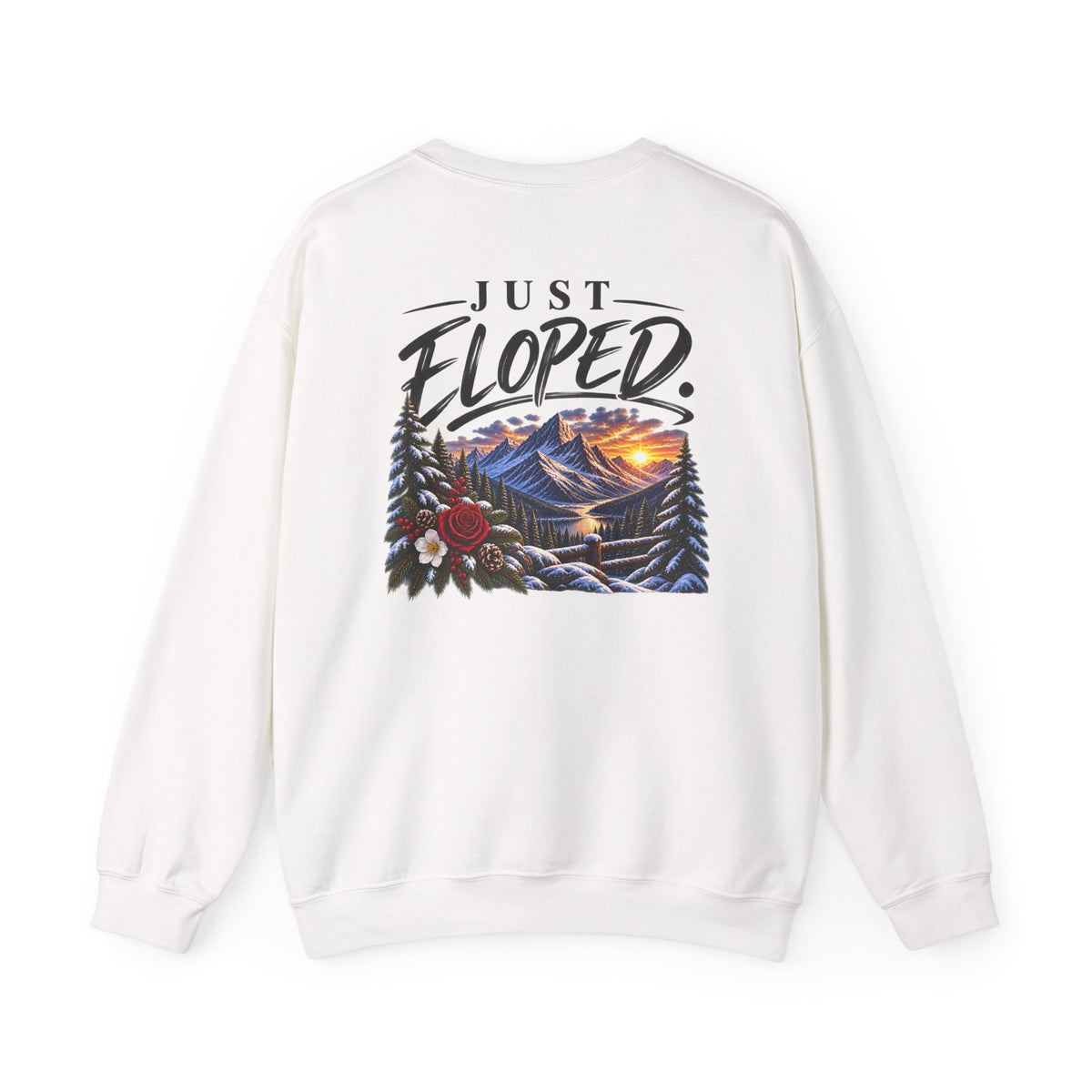Just Eloped Mountain Scene Sweatshirt | Mrs. Script Chest Logo