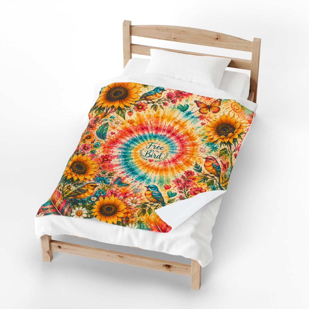 Tie-Dye Sunflower Free Bird Velveteen Blanket | Boho Birds & Butterflies