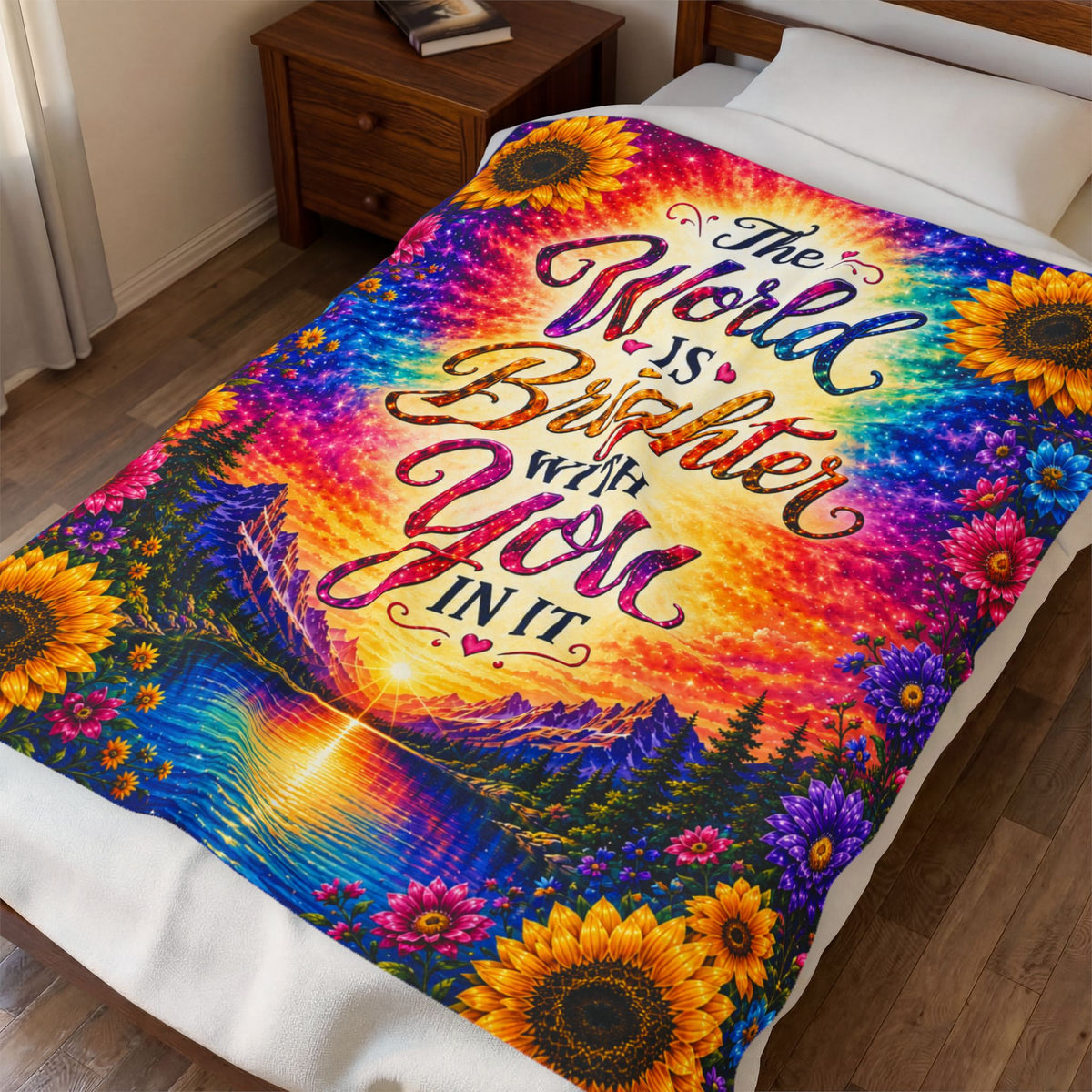 The World Is Brighter With You In It Velveteen Plush Blanket | Rainbow Sunflower Inspirational Throw