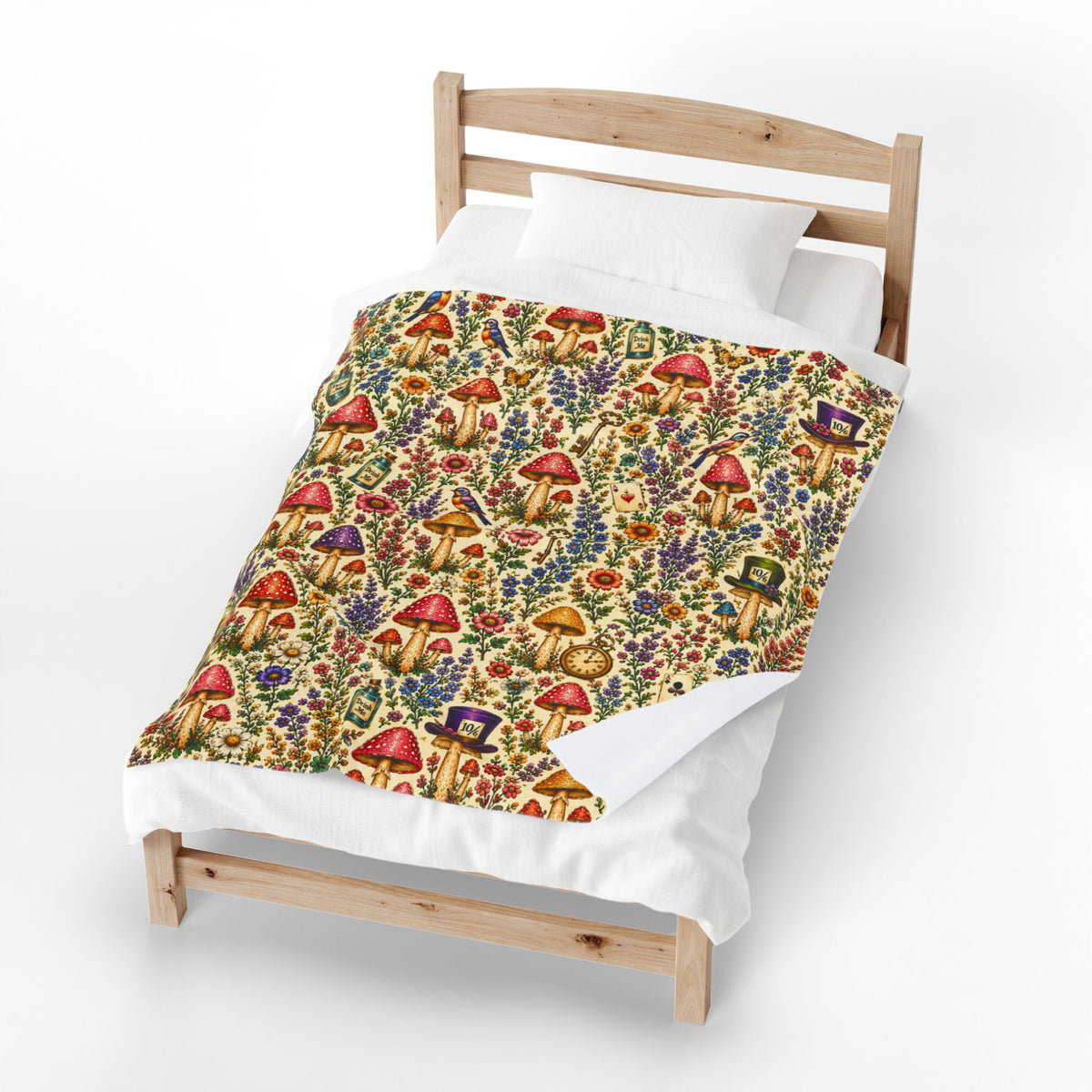 Whimsical Alice Mushroom Garden Velveteen Plush Blanket | Floral Fungi Pattern