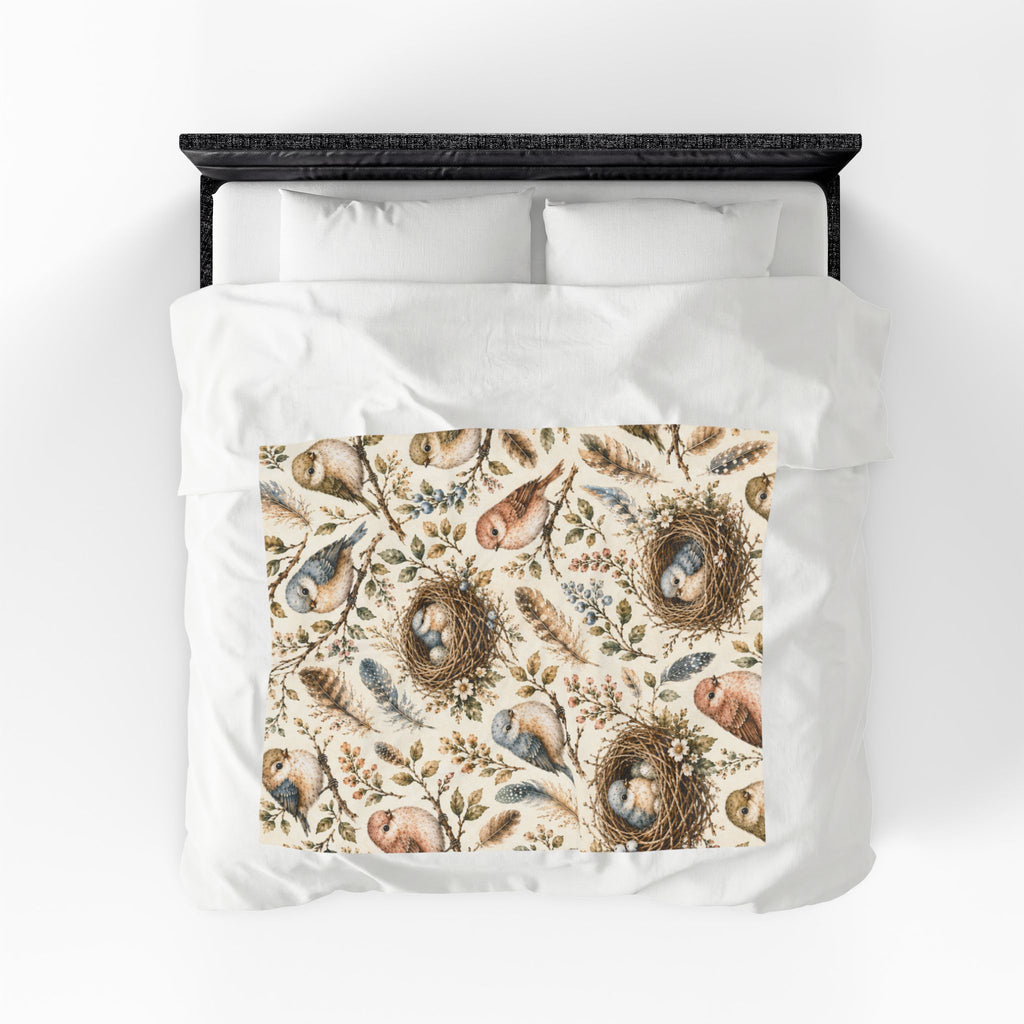 Little Nest Vintage Songbirds Nest Pattern Velveteen Plush Blanket | Woodland Bird Illustration