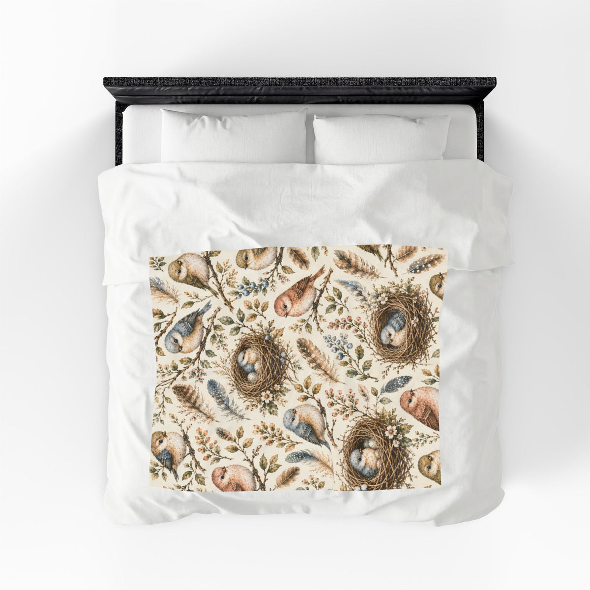 Little Nest Vintage Songbirds Nest Pattern Velveteen Plush Blanket | Woodland Bird Illustration