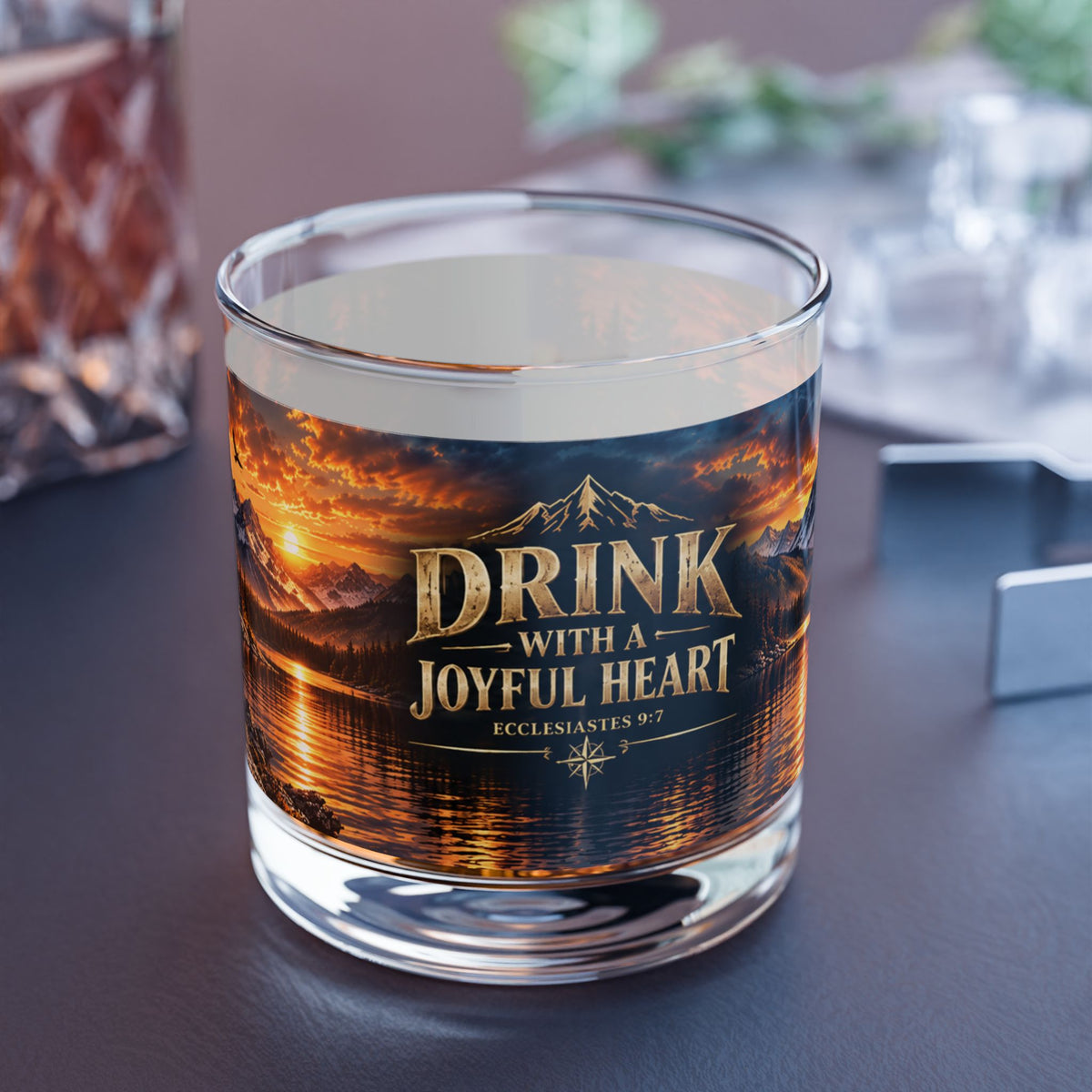 Drink With A Joyful Heart rocks glass | 10oz whiskey tumbler, mountain sunset lake design