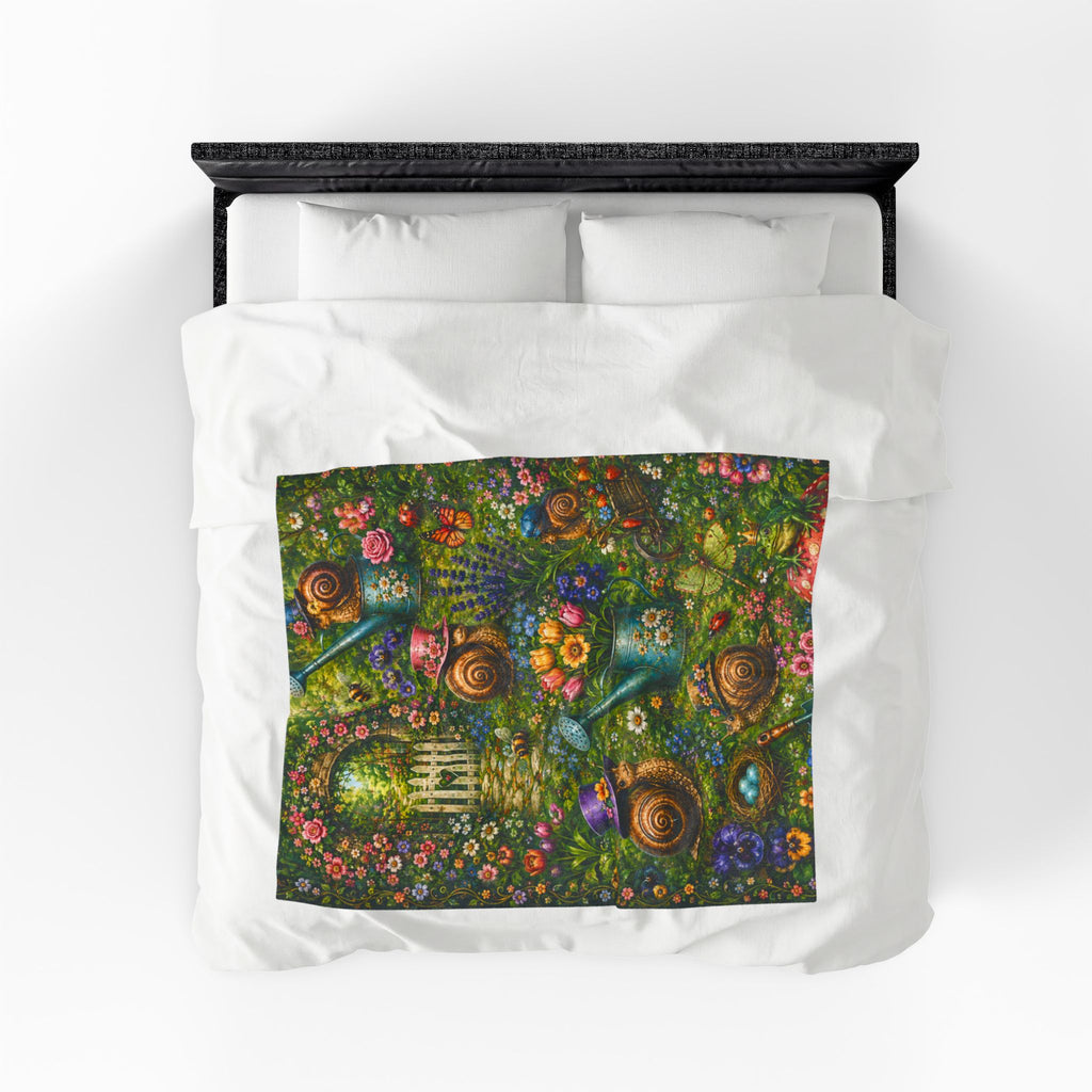 Spring Garden Snail Cottage pattern Blanket | whimsical floral, watering cans, bluebirds