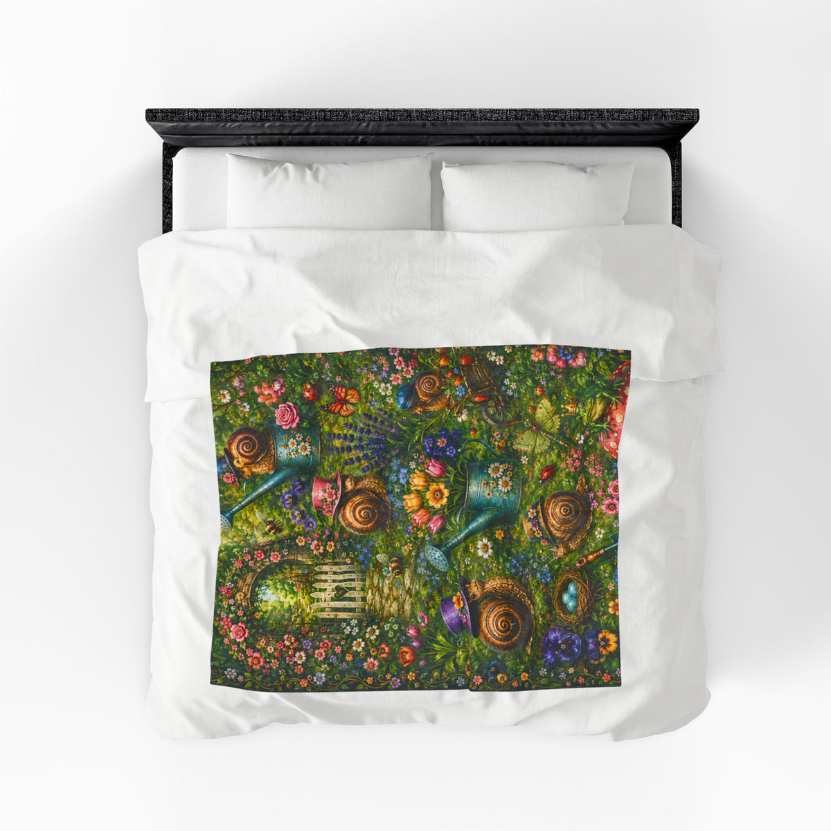 Spring Garden Snail Cottage pattern Blanket | whimsical floral, watering cans, bluebirds