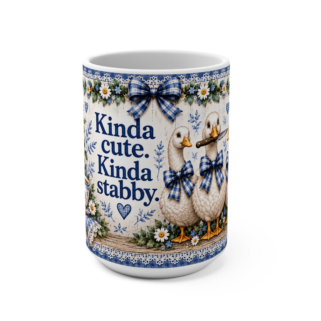 Kinda Cute Kinda Stabby Mug | 15oz Ceramic Duck Illustration, Blue Floral Decor