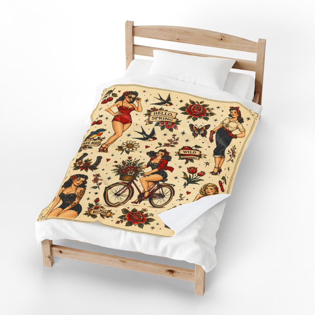 Vintage Pinup Girls Velveteen Plush Blanket | Tattoo Flash Floral Design