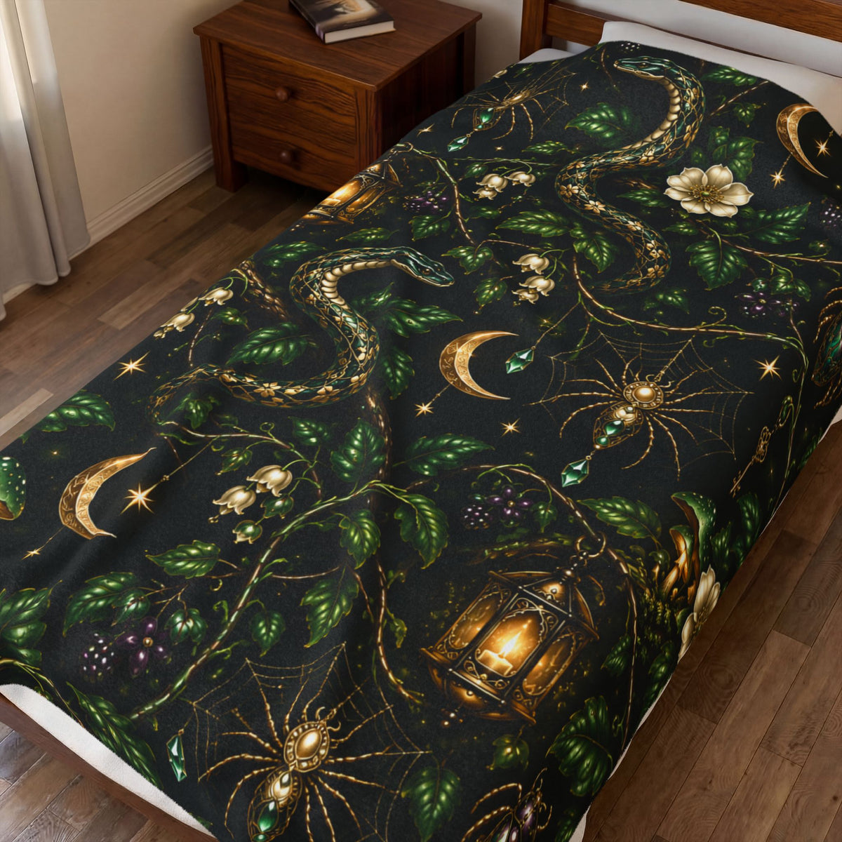 Mystic Serpents Lanterns Velvet Plush Blanket | Botanical Moonlight Pattern