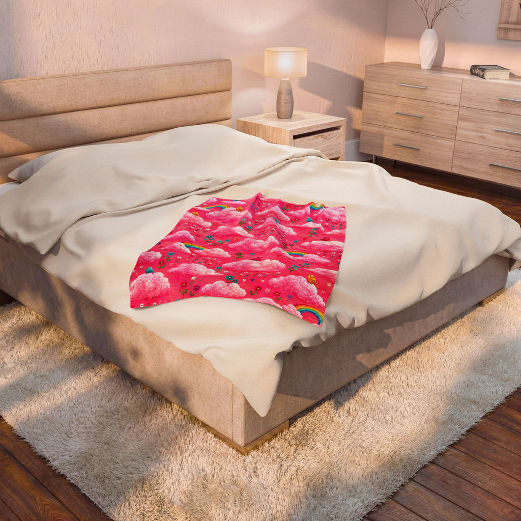 Pink Cloud Rainbow Pattern Blanket | Cute Birds Flowers Velveteen Plush
