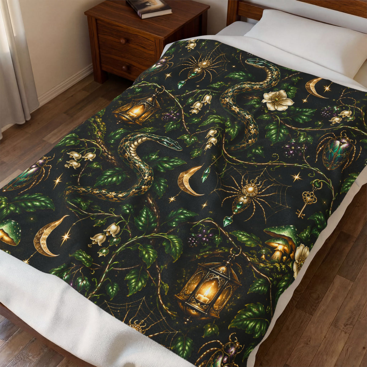 Mystic Serpents Lanterns Velvet Plush Blanket | Botanical Moonlight Pattern