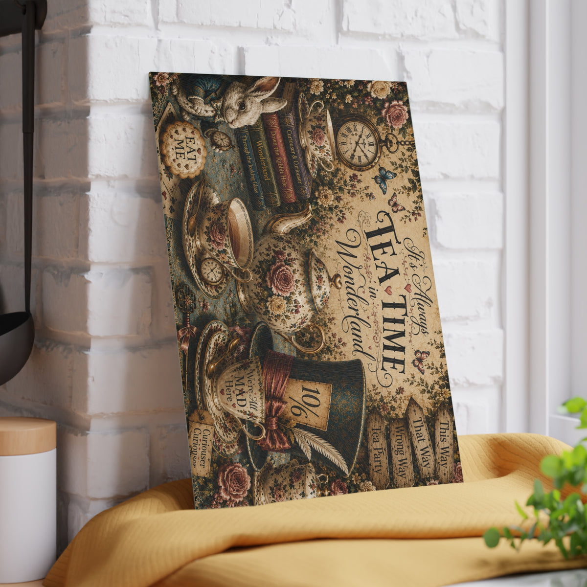 Tea Time in Wonderland Glass Cutting Board | Alice in Wonderland tea party design