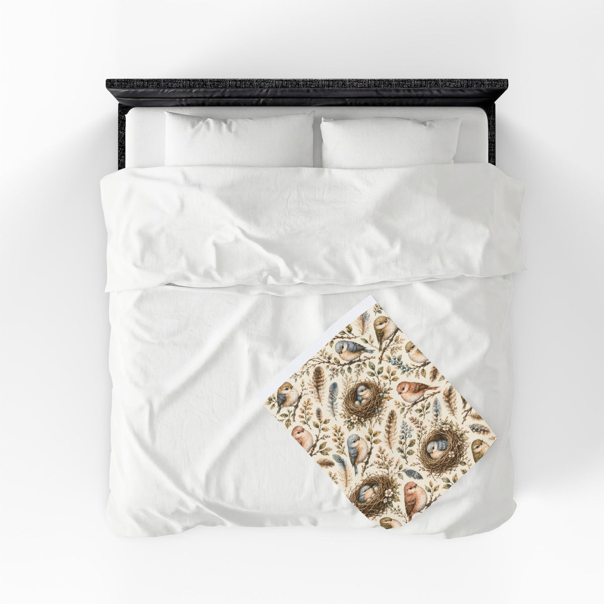 Little Nest Vintage Songbirds Nest Pattern Velveteen Plush Blanket | Woodland Bird Illustration