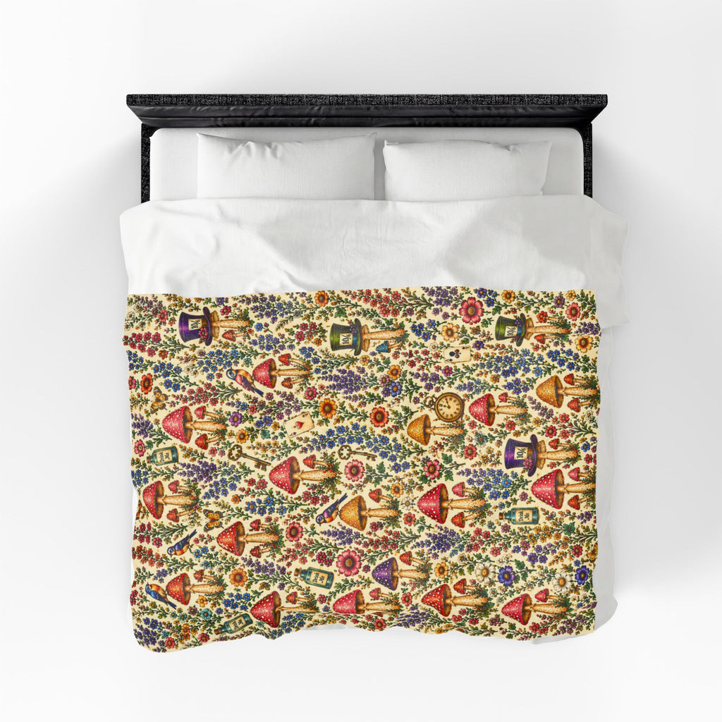 Whimsical Alice Mushroom Garden Velveteen Plush Blanket | Floral Fungi Pattern