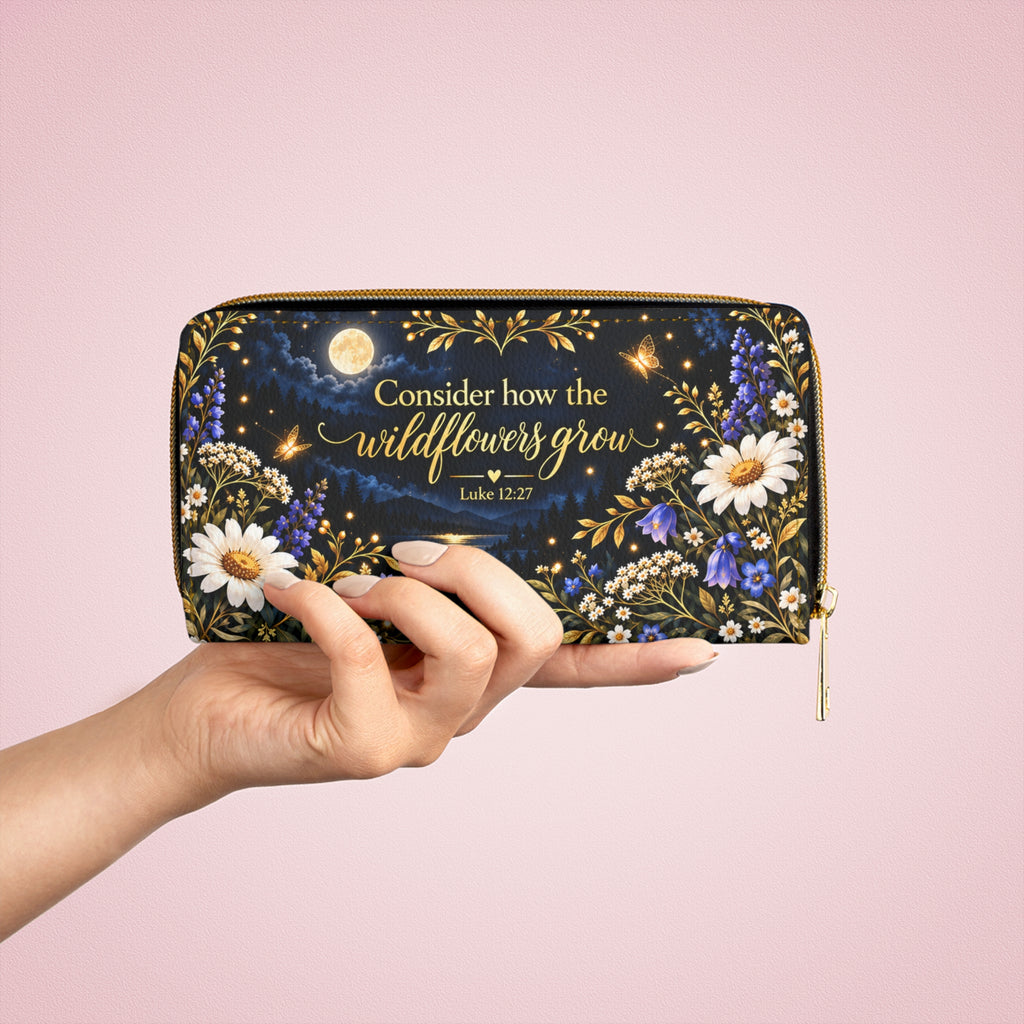 Consider How the Wildflowers Grow Zipper Wallet | Floral Bible Verse Luke 12:27