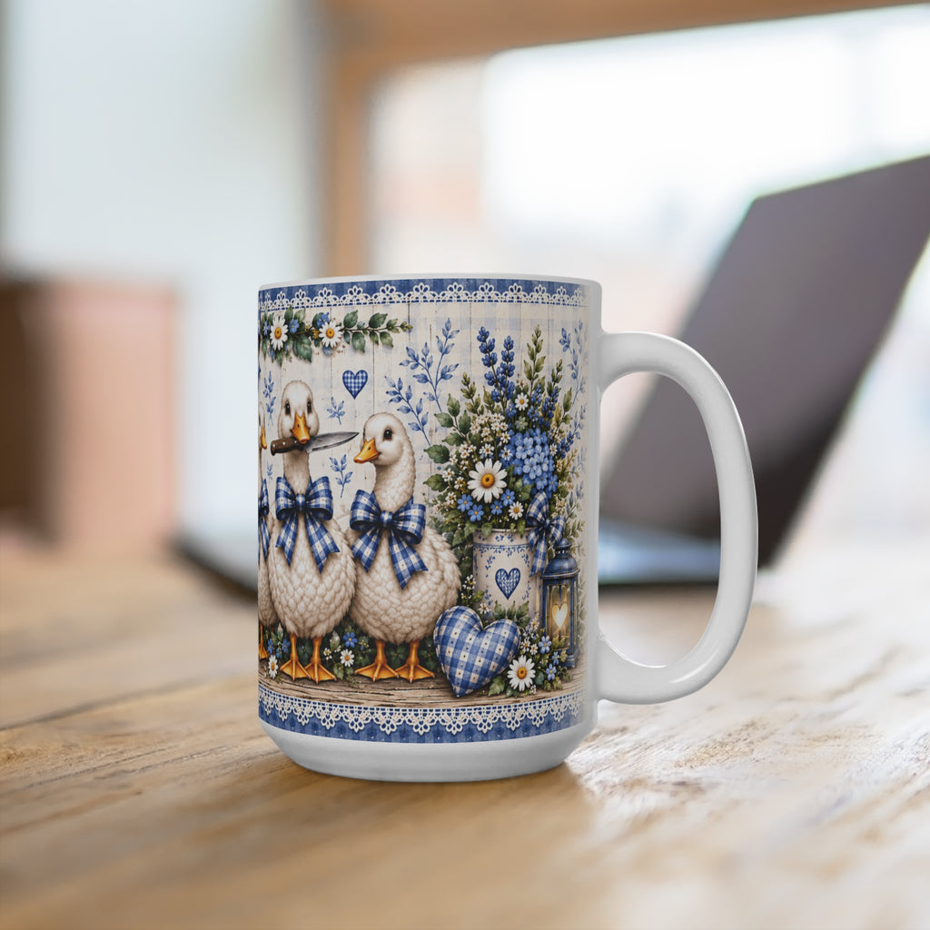 Kinda Cute Kinda Stabby Mug | 15oz Ceramic Duck Illustration, Blue Floral Decor