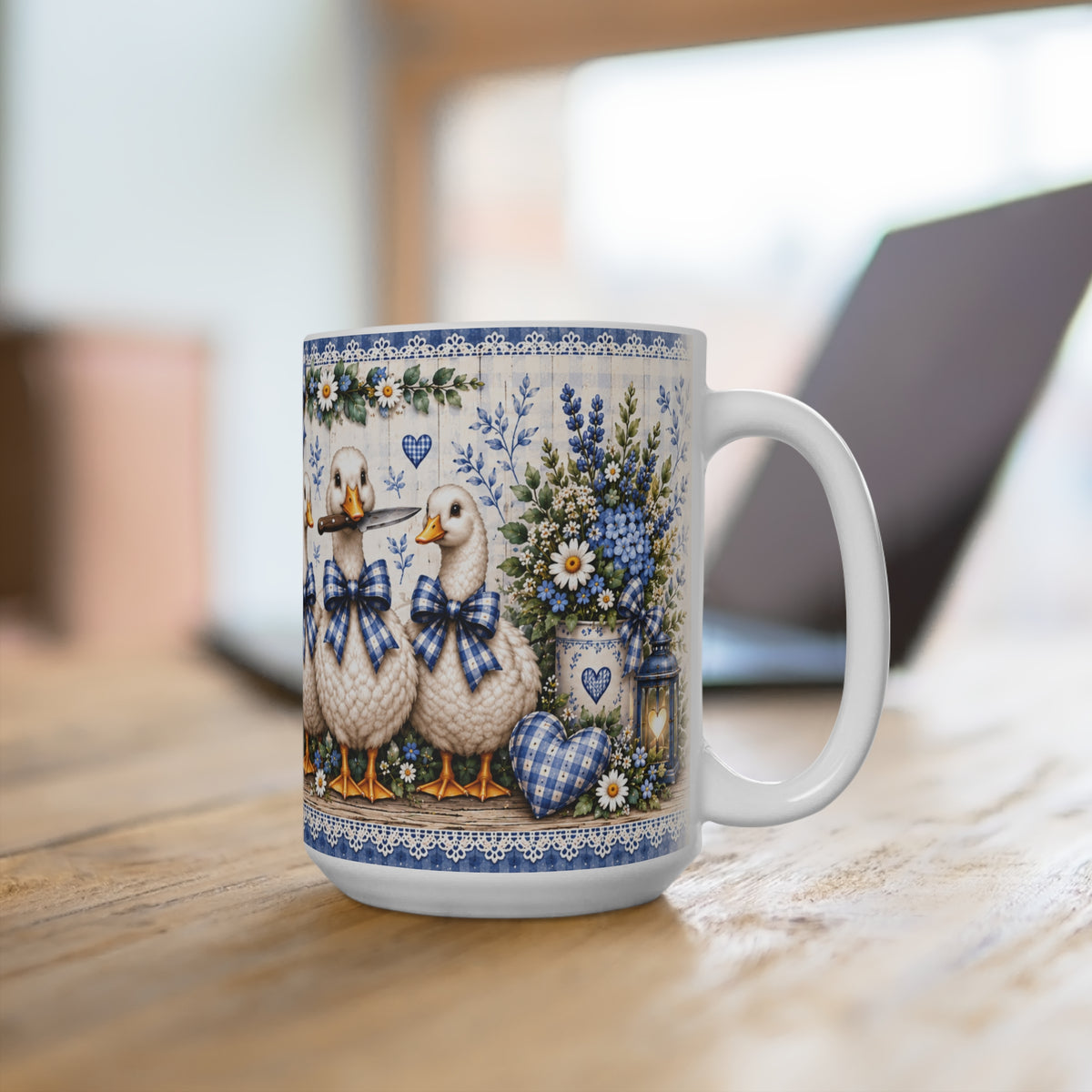 Kinda Cute Kinda Stabby Mug | 15oz Ceramic Duck Illustration, Blue Floral Decor