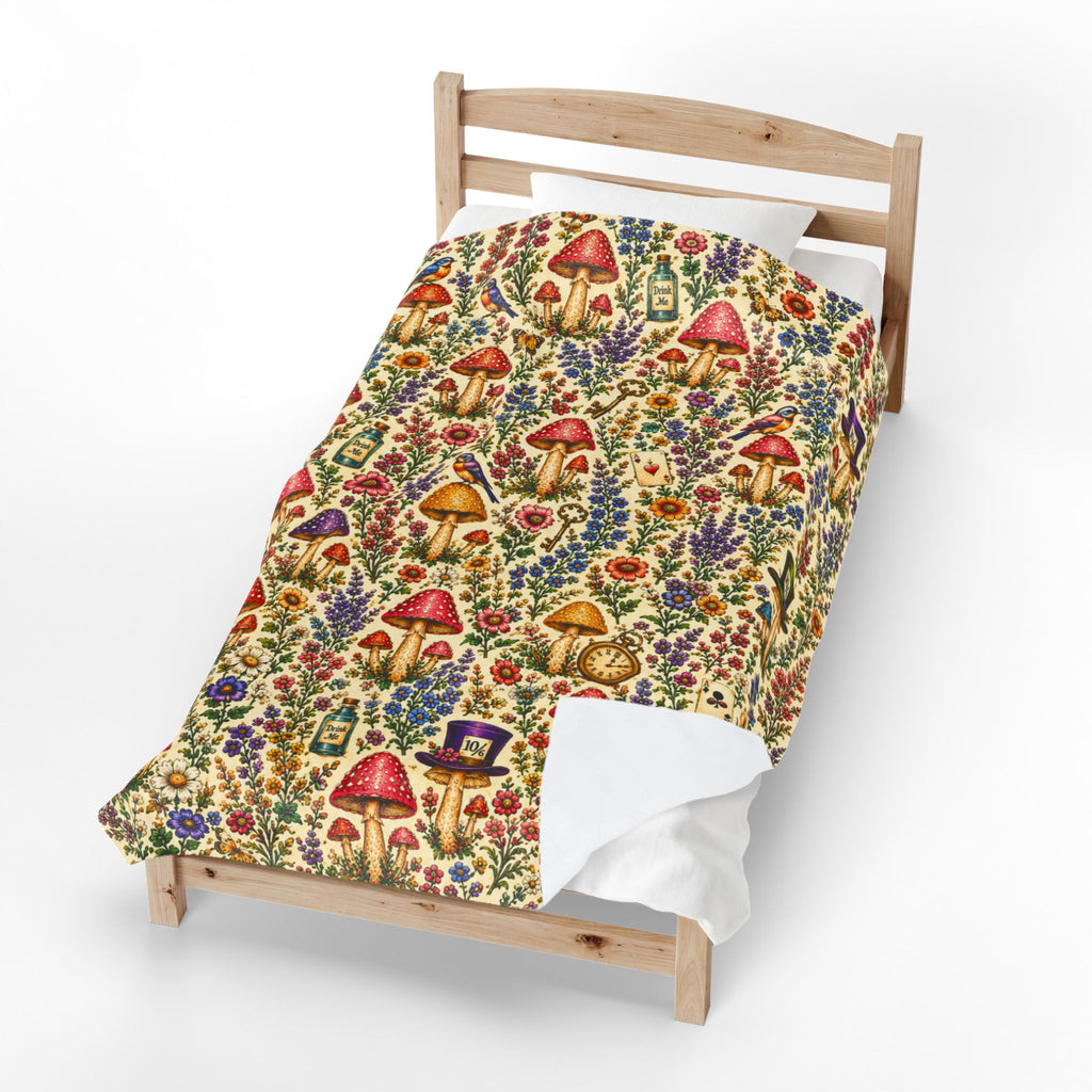 Whimsical Alice Mushroom Garden Velveteen Plush Blanket | Floral Fungi Pattern