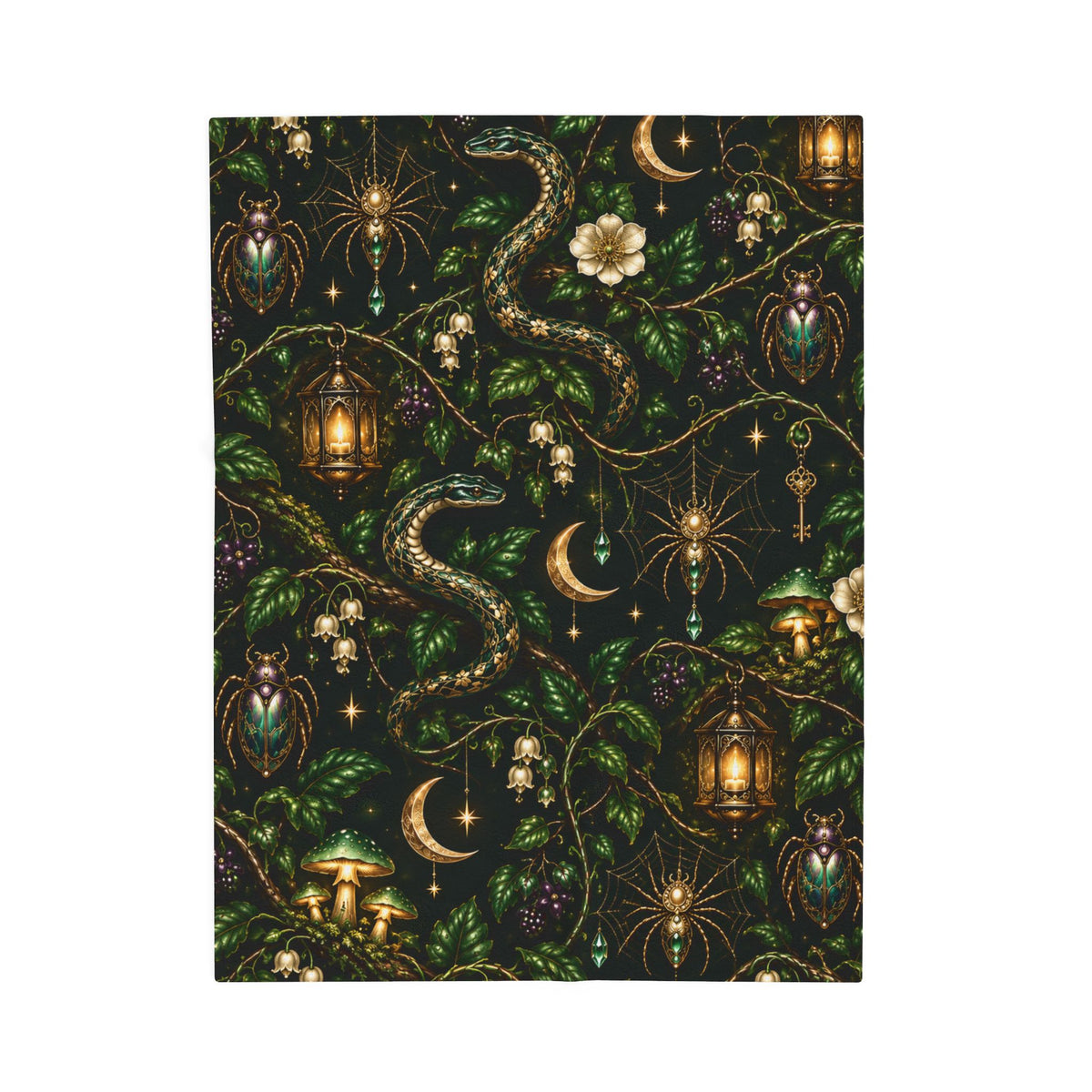 Mystic Serpents Lanterns Velvet Plush Blanket | Botanical Moonlight Pattern