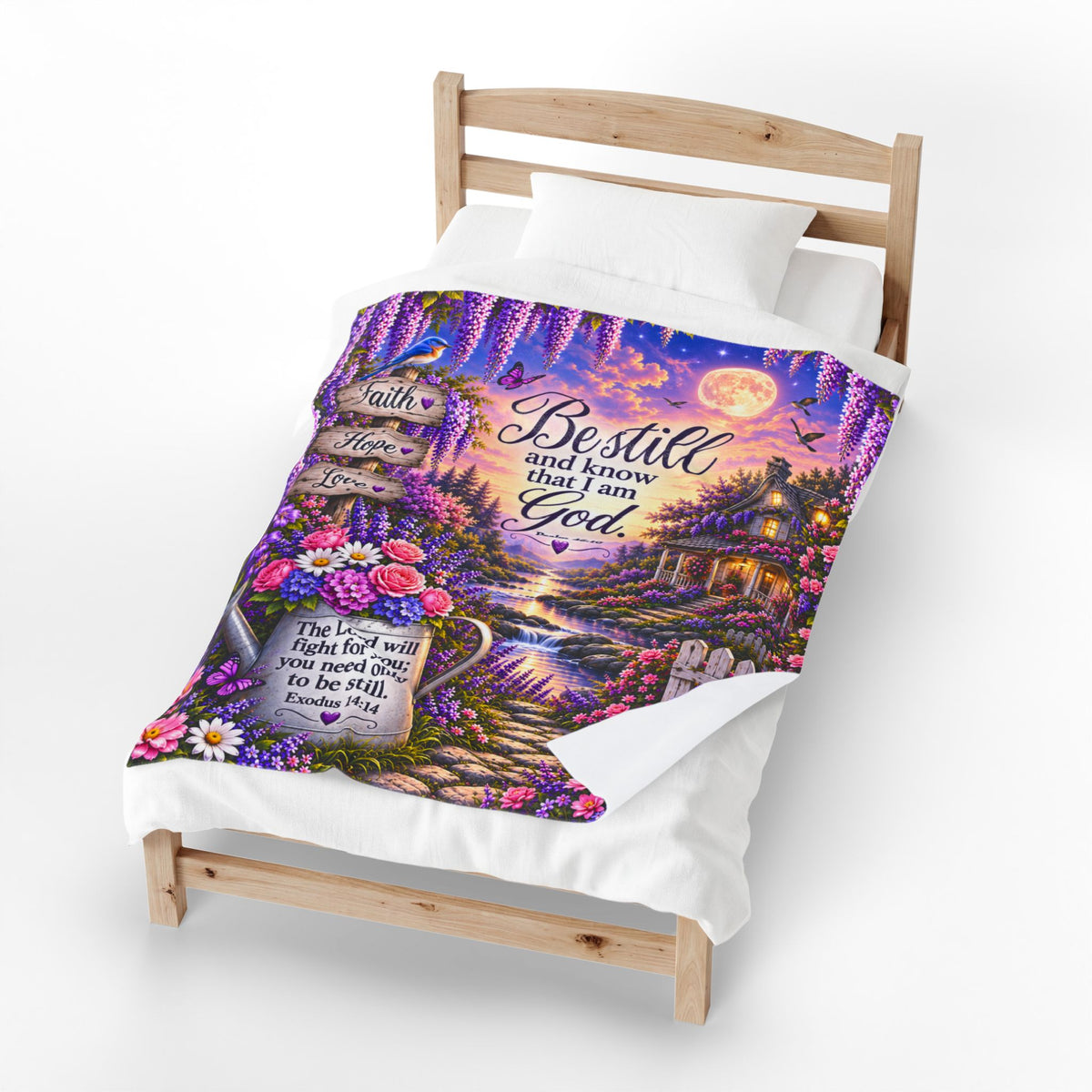 Be Still and Know I Am God blanket | Floral Cottage Scripture Velveteen Plush